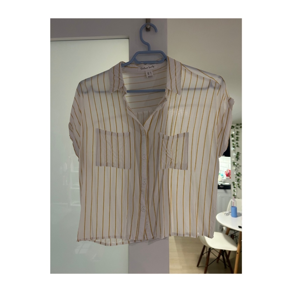 Women's Button Up Blouse - Gold Stripes Pattern